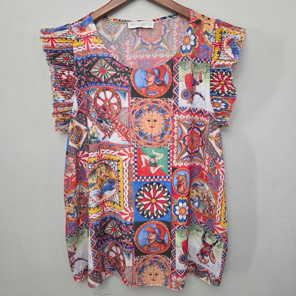 New Collection Italy Women Multicolor Mosaic Tile Print Ruffle Sleeve Blouse Top